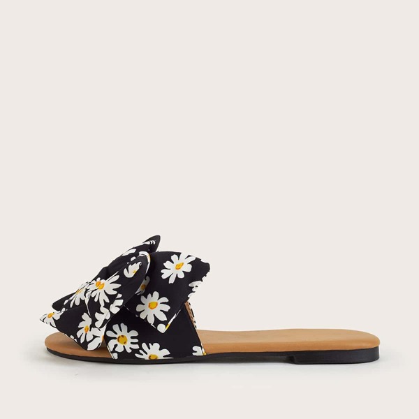 

Bow Decor Floral Graphic Slide Sandals, Black and white