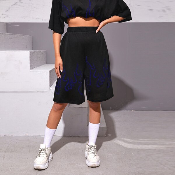 

High Waist Rhinestone Fire Shorts, Black