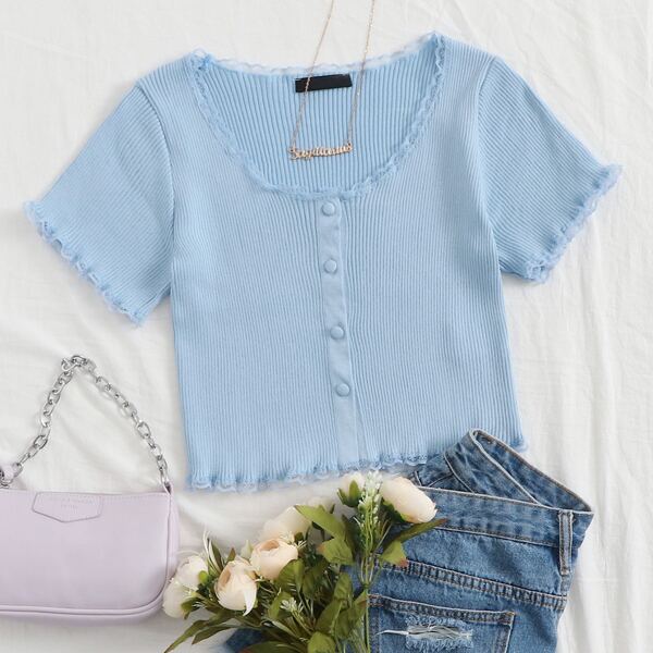 

Lace Trim Button Front Cardigan, Baby blue