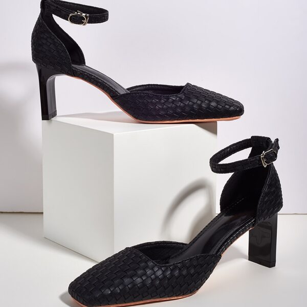 

Square Toe Braided Ankle Strap Chunky Pumps, Black