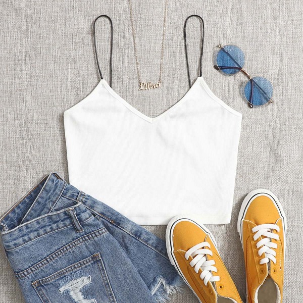 

Ribbed Cropped Cami Top, White