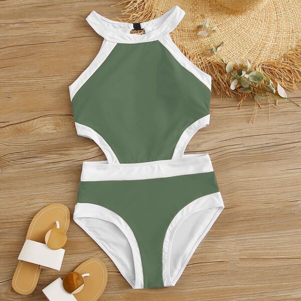 

Contrast Binding Cut-out Waist One Piece Swimsuit, Army green