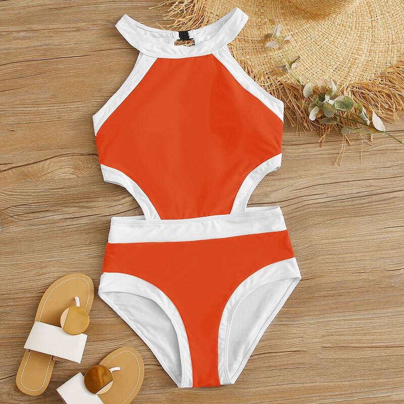 

Contrast Binding Cut-out Waist One Piece Swimsuit, Orange bright