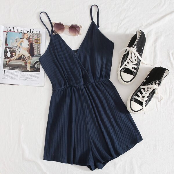 

Surplice Neck Rib-knit Cami Romper, Navy blue
