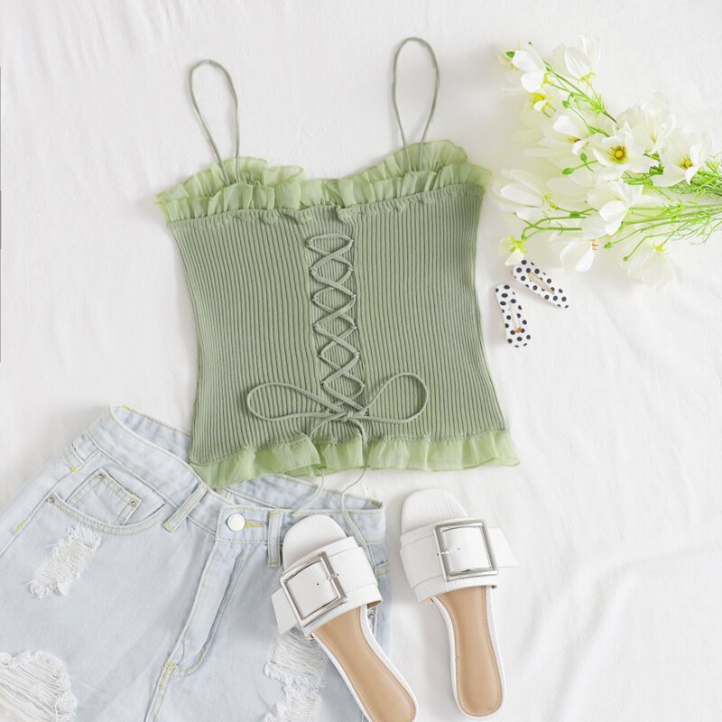

Mesh Frill Trim Lace Up Knit Cami Top, Mint green