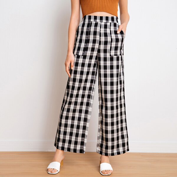 

High Waist Slant Pocket Tartan Pants, Multicolor