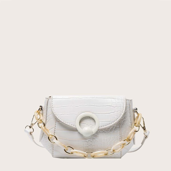 

Croc Embossed Chain Handle Satchel Bag, Beige