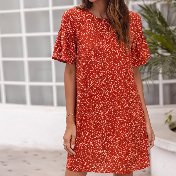 

Keyhole Back Dalmatian Print Dress, Red