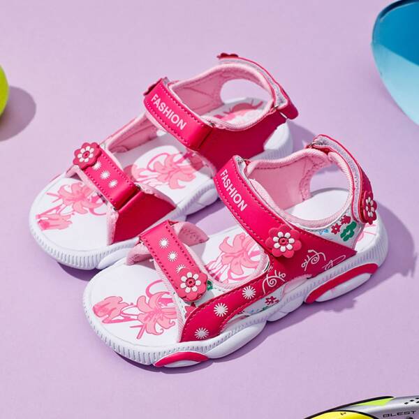 

Girls Floral Appliques Velcro Strap Sandals, Pink