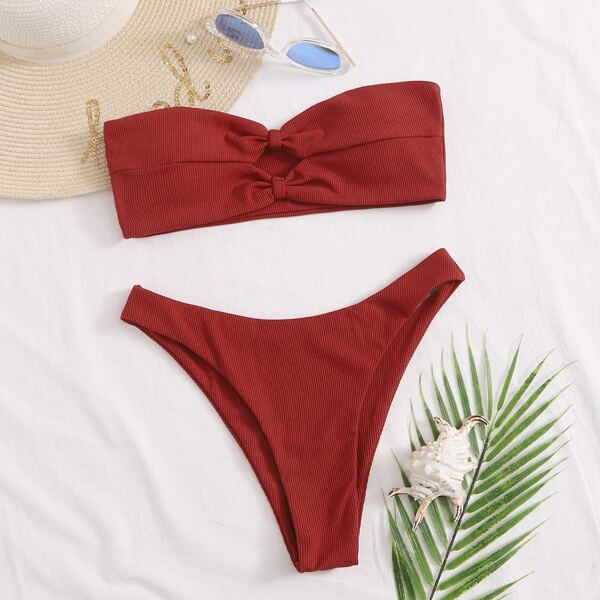 

Rib Knot Bandeau High Cut Bikini Swimsuit, Burgundy