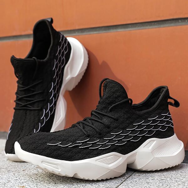 

Men Lace-up Front Fish Scale Knit Sneakers, Black