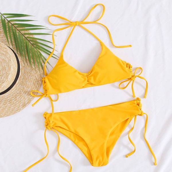 

Halter Tie Side Bikini Swimsuit, Yellow bright