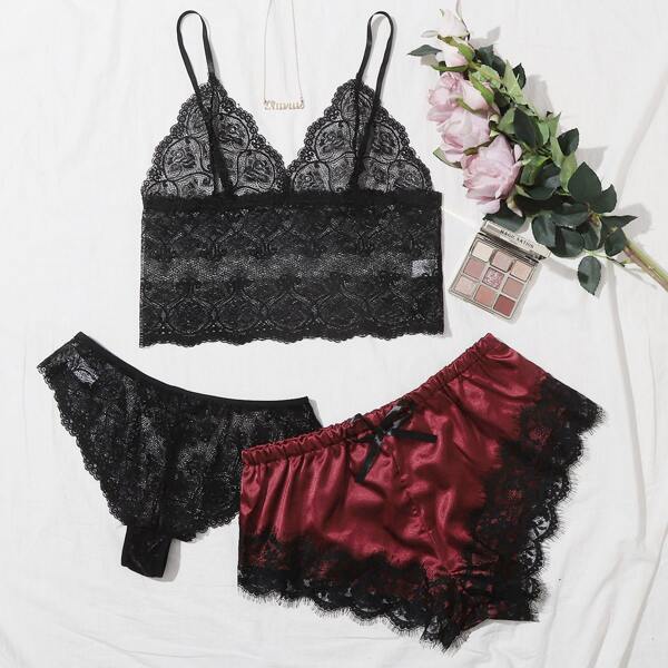 

3pack Floral Lace Lingerie Set With Satin Shorts, Multicolor