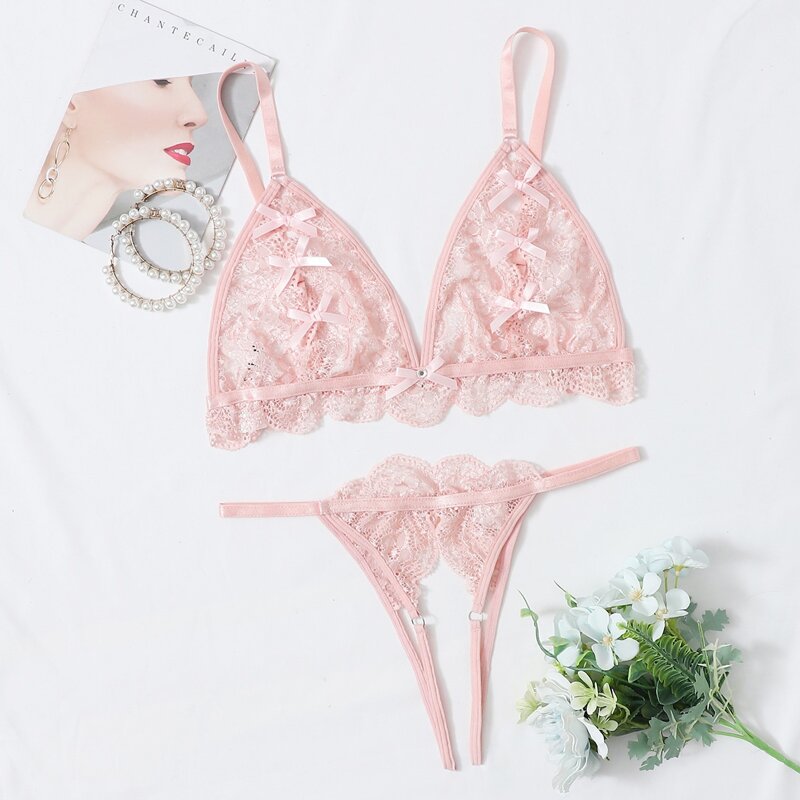 

Floral Lace Crotchless Lingerie Set, Pastel baby pink