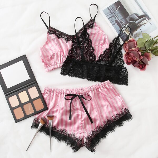 

3pack Striped Lace Trim Satin Lingerie Set, Multicolor