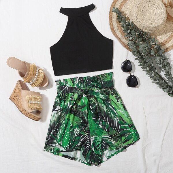 

Crop Halter Top & Paperbag Waist Belted Tropical Print Shorts Set, Multicolor