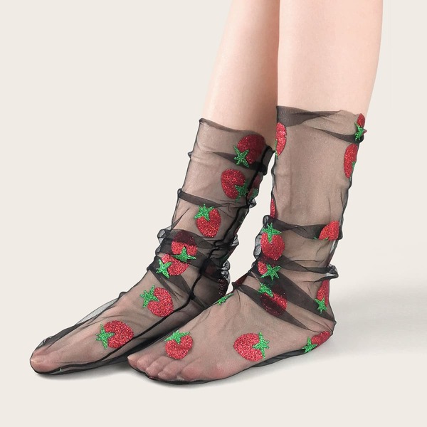 

Strawberry Pattern Mesh Socks, Black