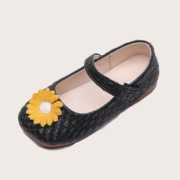 

Toddler Girls Floral Appliques Braided Velcro Strap Flats, Black