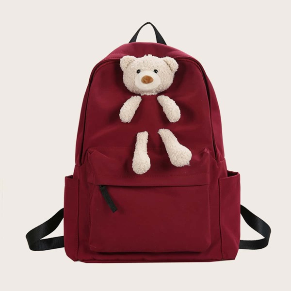 

Cartoon Bear Decor Pocket Front Backpack, Burgundy