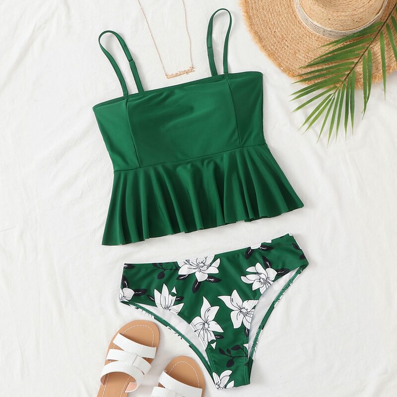 

Floral Ruffle Hem Bikini Swimsuit, Green