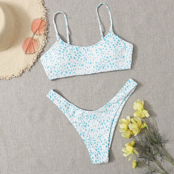 

Dalmatian High Leg Bikini Swimsuit, Blue and white