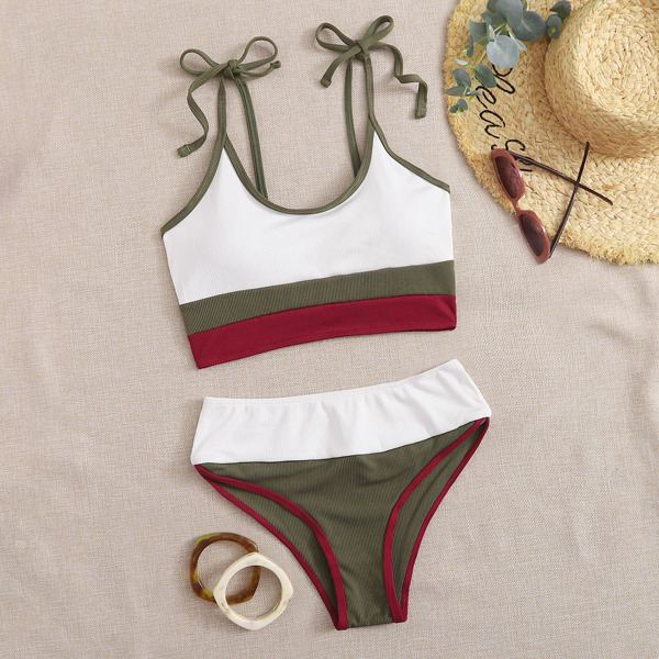 

Colorblock Rib Tie Shoulder Bikini Swimsuit, Multicolor