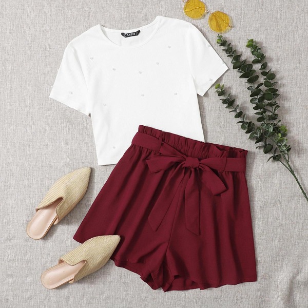 

Pearl Beaded Tee and Paperbag Waist Belted Shorts Set, Red and white