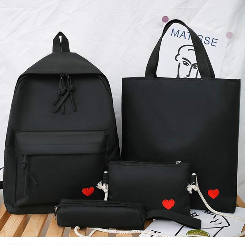 

4pcs Heart Backpack With Pencil Case, Black
