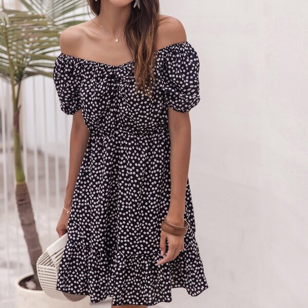 

Off Shoulder Ruffle Hem Ditsy Floral Dress, Black