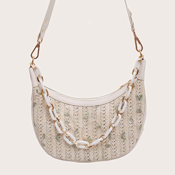 

Flower Embroidered Woven Hobo Bag, Beige
