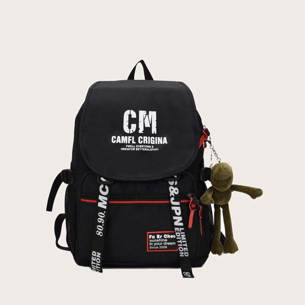 

Letter Graphic Backpack With Bag Charm, Black