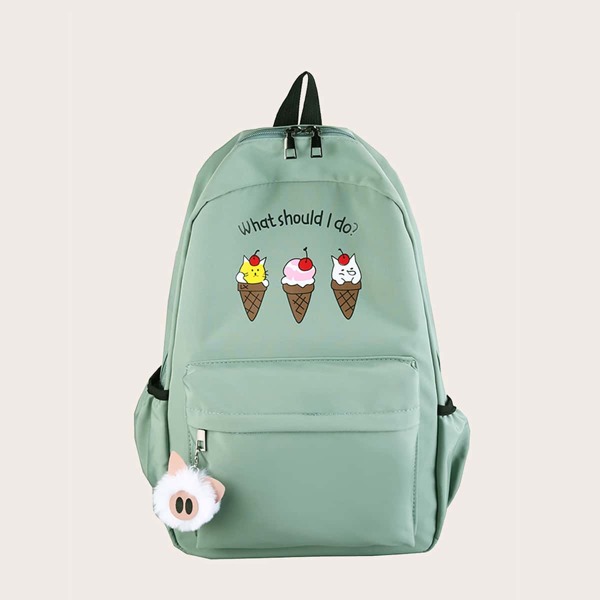

Cartoon Graphic Pocket Front Backpack, Green