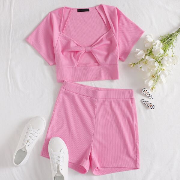 

Knot Rib-knit Crop Top & Shorts Set, Pink