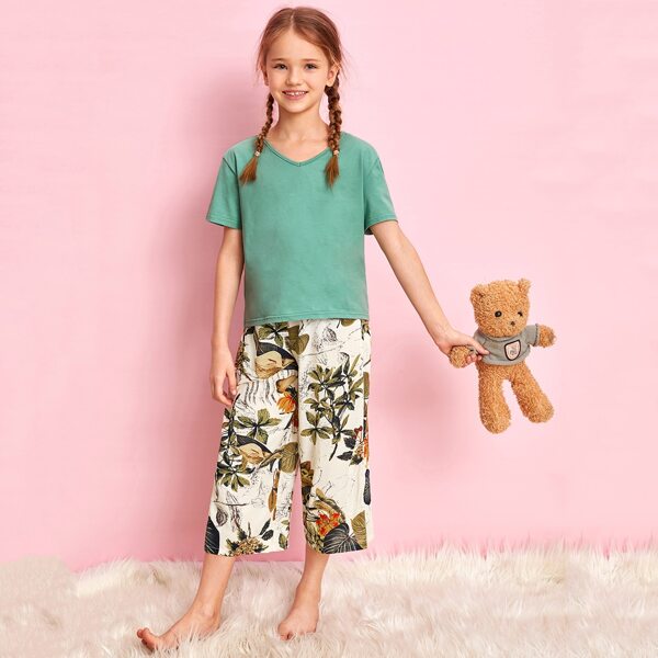 

Girls V-Neck Top & Wide Leg Tropical Print Capris PJ Set, Multicolor