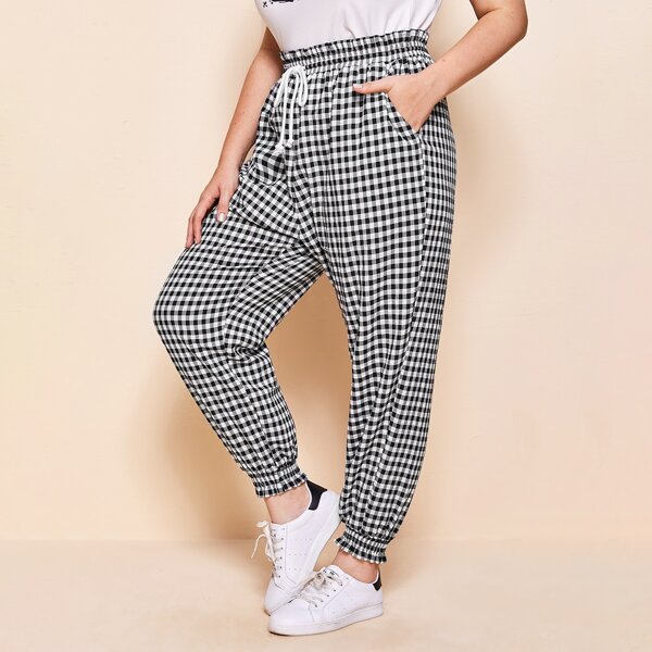 

Брюки в клетку на кулиске размера плюс, Чёрнобелые