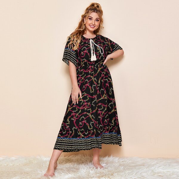 

Plus Fringe Knot Front Chain Print Nightdress, Black