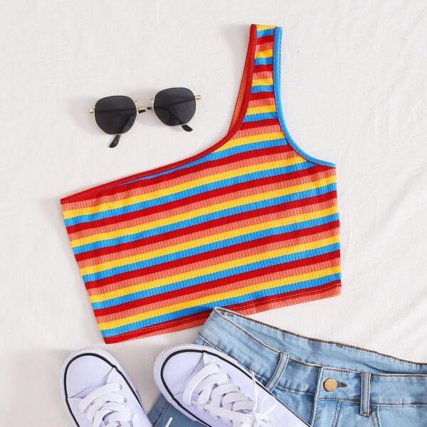 

One Shoulder Rainbow Striped Crop Top, Multicolor