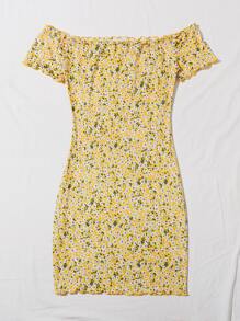 Soleia Ditsy Floral Print Off Shoulder Lettuce Edge Dress,Pastel Dresses For Women