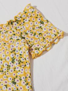 Soleia Ditsy Floral Print Off Shoulder Lettuce Edge Dress,Pastel Dresses For Women