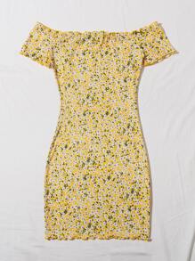 Soleia Ditsy Floral Print Off Shoulder Lettuce Edge Dress,Pastel Dresses For Women