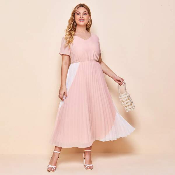 

Plus V-neck Colorblock Pleated Hem Dress, Pastel baby pink