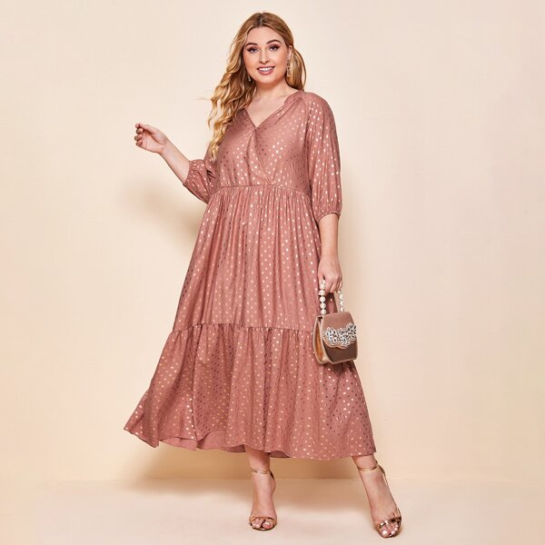

Plus Surplice Neck Ruffle Hem Gold Dot Print Dress, Dusty pink