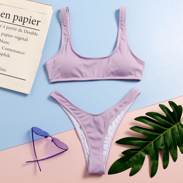 

Rib High Cut Bikini Swimsuit, Pastel lilac purple