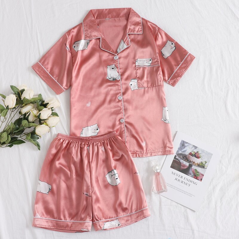 

Cartoon Button-up Satin PJ Set, Dusty pink
