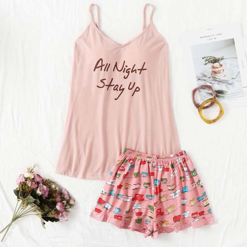 

Slogan & Cartoon Shorts PJ Set, Pink
