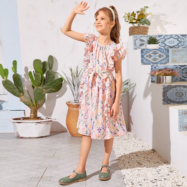 

Girls Ruffle Trim Floral Print Belted Dress, Baby pink