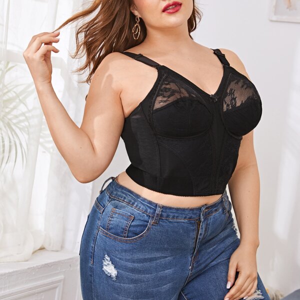 

Plus Contrast Lace Underwire Bra, Black