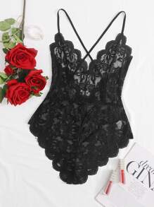 Plus Floral Lace Scallop Trim Teddy Bodysuit - Black - View 1