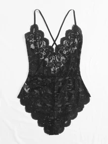 Plus Floral Lace Scallop Trim Teddy Bodysuit - Black - View 2