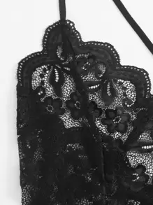 Plus Floral Lace Scallop Trim Teddy Bodysuit - Black - View 3